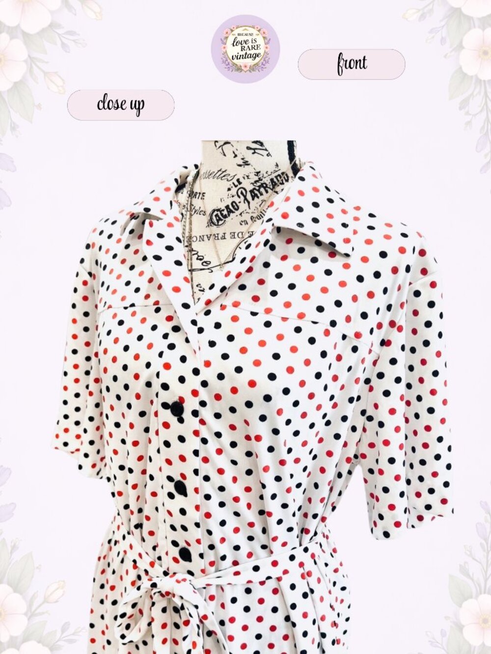 Vintage Red Black Polka Dot Belted Shirtdress • 1970s Americana Day Dress • USA - Picture 3 of 8